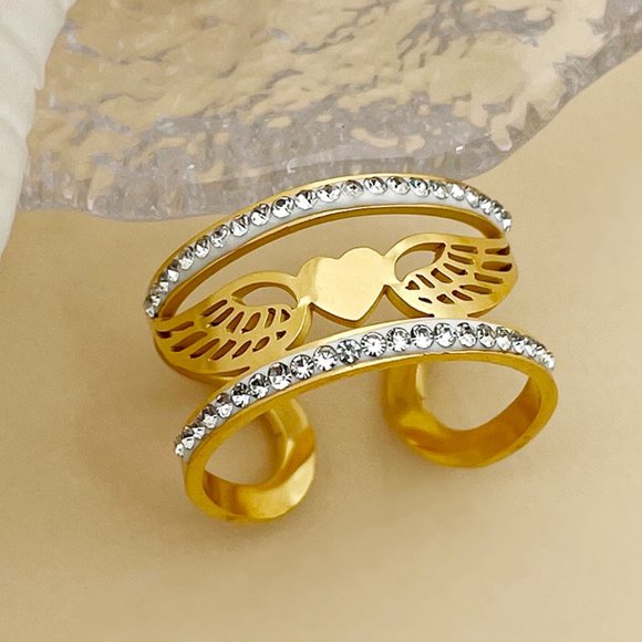 3/$35 Gold Plated Heart Wings Open Ring Stainless Cubic Zirconia Diamond - Picture 1 of 6